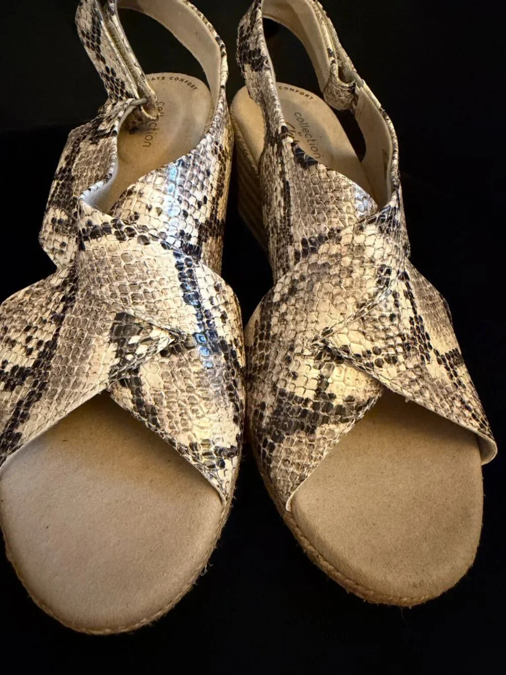 Clarks Lafley Aliane Wedge Taupe & Black Snake Print Veg Leather Sandal Sz 9 1/2